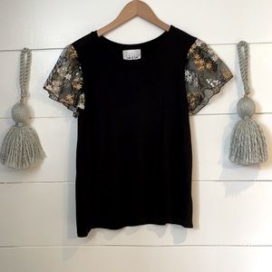 Black Top with Floral Embroidered Tulle
